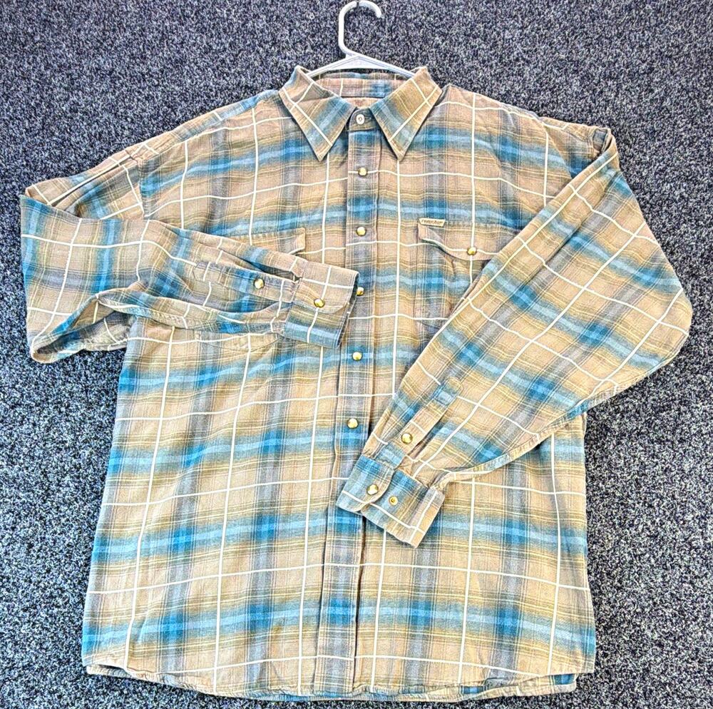 Powder River Outfitters Men's XL Blue Gray Cotton Flannel Plaid L/S Button-Up